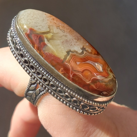 New Oversized Crazy Lace Agate 925 Silver Statement Ring. - Picture 13 of 15